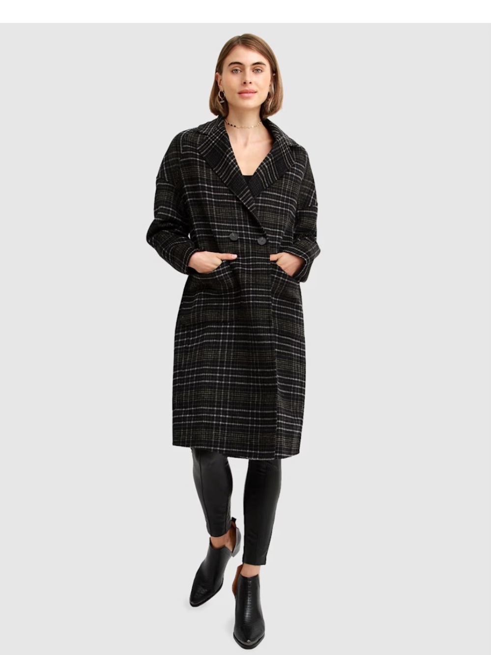 Wool-Blend Plaid Long Coat - Black